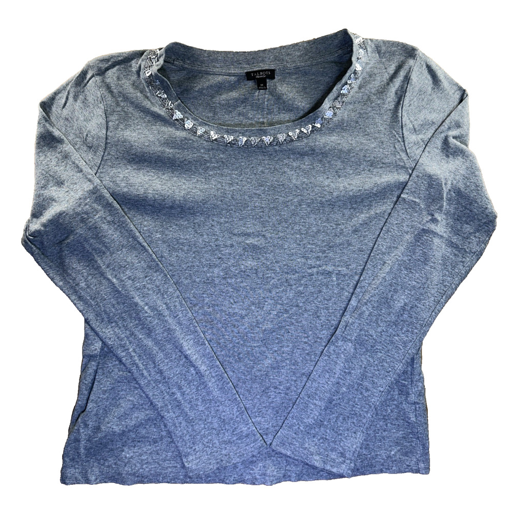 TALBOTS Women Pullover Blouse 100% Cotton Gray Sequin Accent Long Sleeve Medium